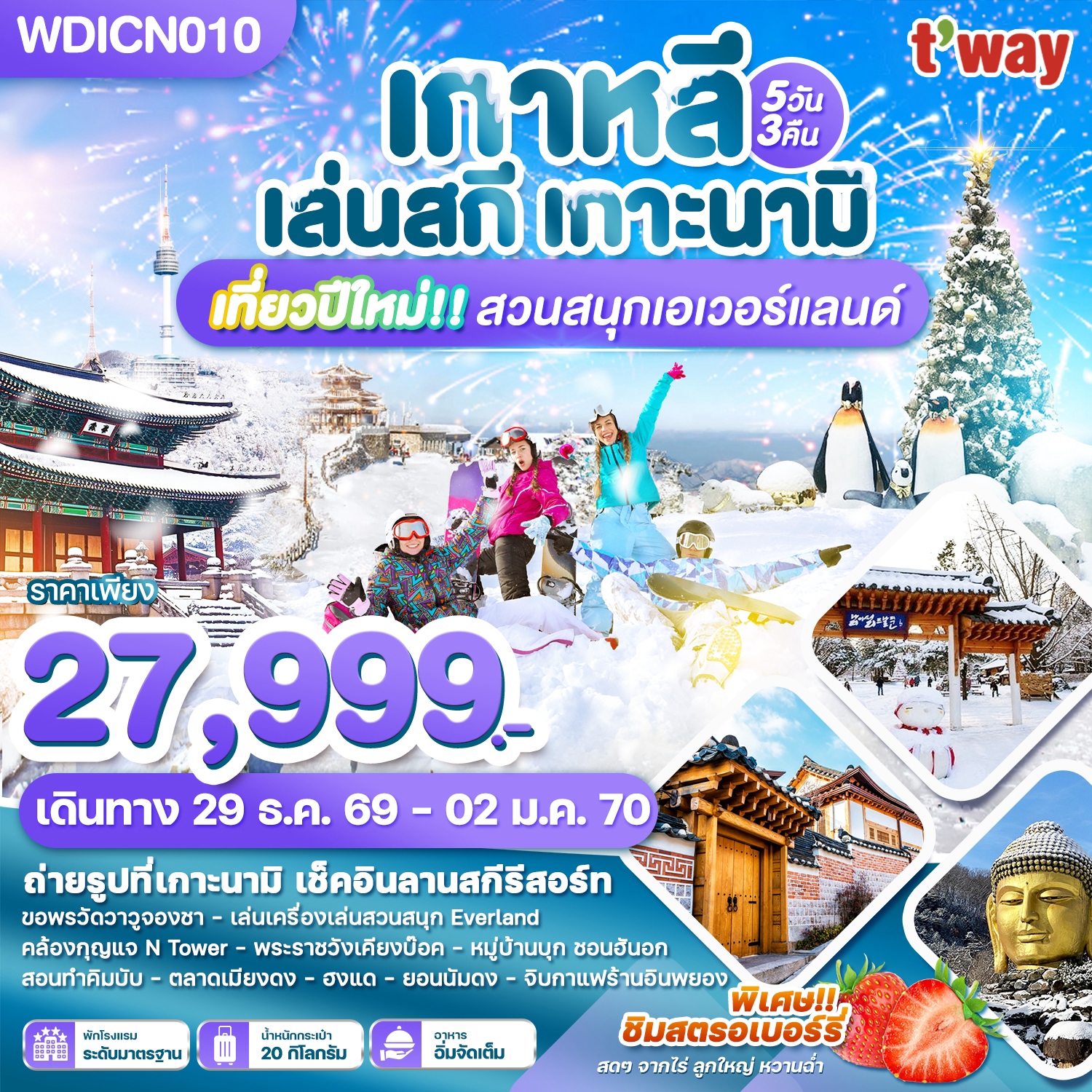 เกาหลี เล่นสกี เกาะนามิ เที่ยวปีใหม่!! สวนสนุกเอเวอร์แลนด์ 5วัน3คืน บิน TW